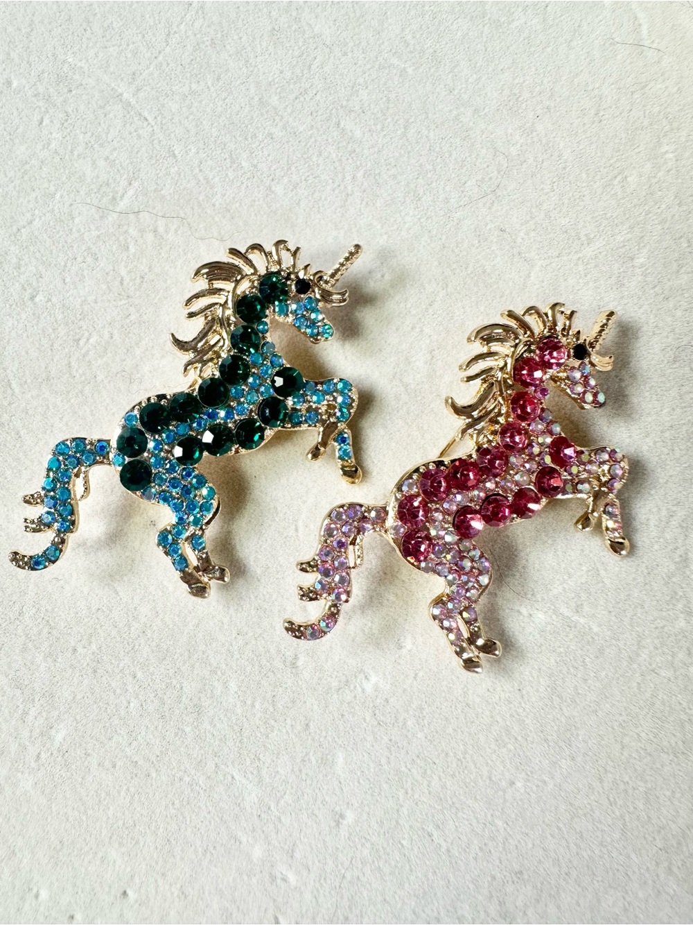 Rhinestone Unicorn Brooch Pair - Blue & Pink